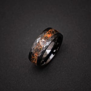 Velociraptor Dinosaur Bone Ring – Mexican Fire Opal + Meteorite Inlay – Black Ceramic Hammered Wedding Band 8mm – Comfort Fit Men’s Ring