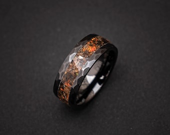 Velociraptor Dinosaur Bone Ring – Mexican Fire Opal + Meteorite Inlay – Black Ceramic Hammered Wedding Band 8mm – Comfort Fit Men’s Ring