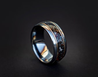 Anillo de bodas para hombres, anillo para hombres, anillo de meteorito, anillo de bodas para hombres, anillo de compromiso para hombres, hombres con anillo de meteorito, anillo de 10 mm, anillo de ópalo rojo.