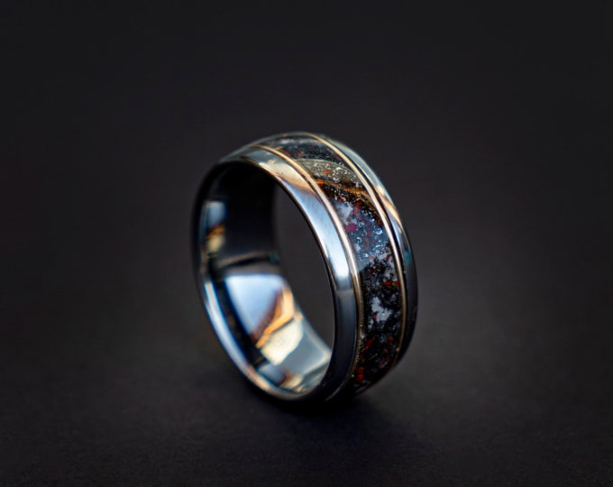 mens wedding band, mens ring, meteorite ring, mens wedding ring, mens engagement ring, meteorite ring men, 10mm ring, red opal ring.