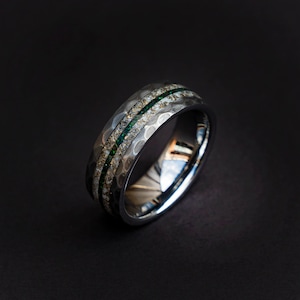 hammered ring, faceted ring, glow in the dark ring, faceted wedding band, everyday ring, textured ring, mens wedding band, gold shavings.