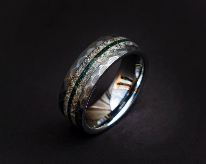 hammered ring, faceted ring, glow in the dark ring, faceted wedding band, everyday ring, textured ring, mens wedding band, gold shavings.