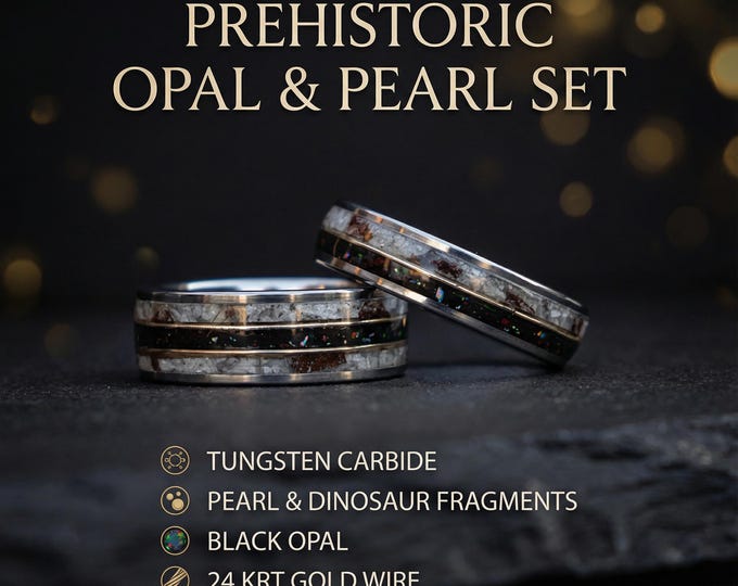 Matching Wedding Bands, Wedding Ring Set, Couple Rings, Ring Dinosaur Bone Set, Wedding Rings, Pearl Jewelry, His and Hers Matching Bands