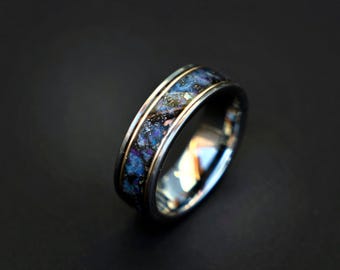 Silver Tungsten Wedding Band 8mm – Galaxy Opal + Meteorite Inlay – 18K Gold Wire – Subtle Blue/Purple Glow – Comfort Fit