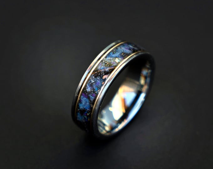 Silver Tungsten Wedding Band 8mm – Galaxy Opal + Meteorite Inlay – 18K Gold Wire – Subtle Blue/Purple Glow – Comfort Fit