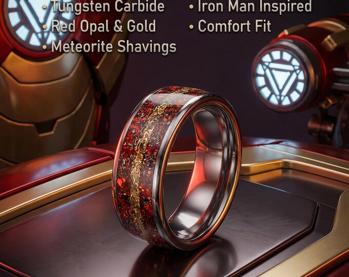 Mexican Red Fire Opal Wedding Band, Anime Inspired Crystal Inlay Ring, Meteorite Band Anniversary Ring, Red Opal Jewelry for Him