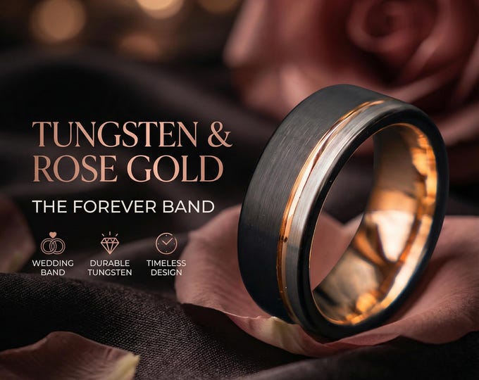 8mm Black Tungsten Ring with Gold Groove Mens, Womens, Wedding Ring, Wedding Band, Engagement Ring, Promise Ring, Men's Ring | Decazi