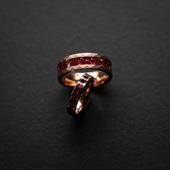 Hammered Rose Gold Tungsten Ring Ruby Wedding Band, Engagement Ring, Rose Gold Ring, Ruby Ring, Handmade Jewelry, Wedding Rings | Decazi