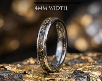 Meteorite Dust + 18K Gold Leaf Tungsten Wedding Band – Cosmic Inlay Ring – Comfort Fit – Men’s & Women’s – 4mm 6mm 8mm