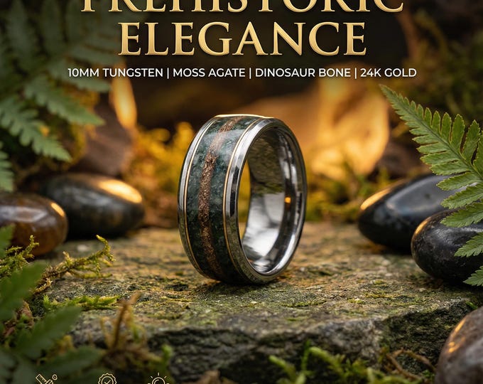 Moss Agate Dinosaur Bone Wedding Ring, Fossil Ring, Agate Jewelry, Fosilized Dinosaur Bone, Engagement Ring, Gold Wire - Decazi