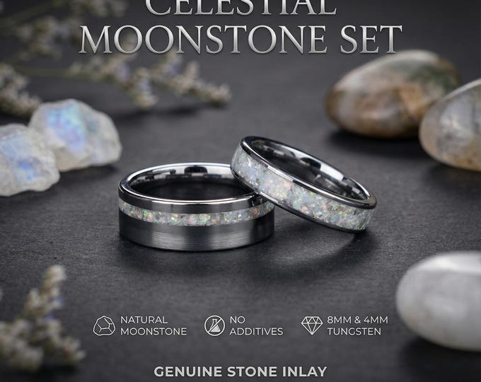 Tungsten Wedding Ring Set with White Opal Inlay – 8mm & 6mm Matching Bands, Couples Tungsten Rings, Durable Anniversary Gift for Him and Her