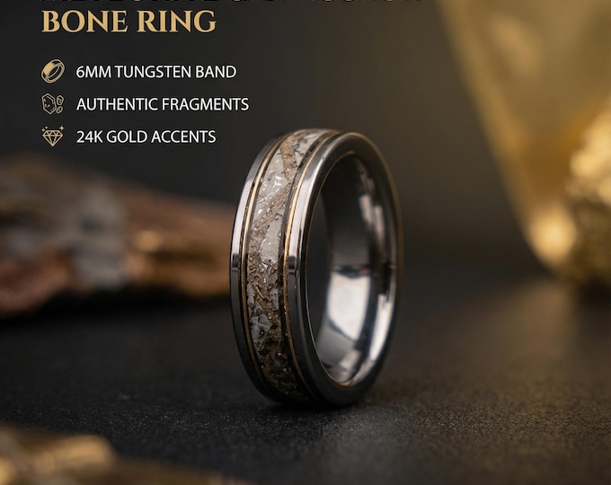 Trex/Spinosaurus Real Dinosaur bone and Meteorite ring, Handmade jewelry, Mens wedding ring unique