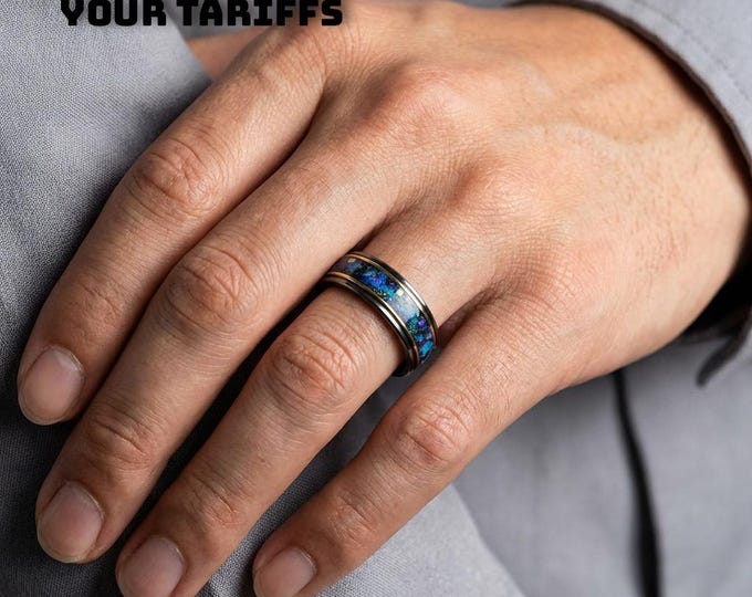 Galaxy opal ring with gold wire and meteorite, mens wedding band, tungsten ring set, unique, 2 tone, cool mens ring, his and hers rings.