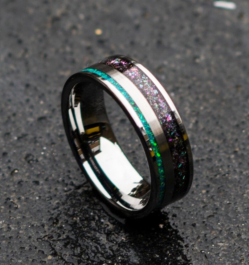 Tungsen Mens wedding band with Peacock green opal and Etsy