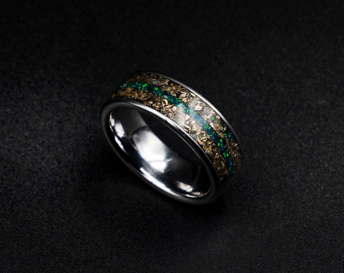 Mokume Gane ring, Damascus ring, Brass ring, Truestone ring, moku-ti, mens wedding band, mens opal ring, galaxy ring, Green opal.