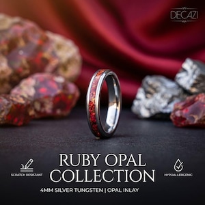 Tungsten 4mm Minimalist Engagement Ring, Ruby Red opal Wedding Band, Womens Ring, Thin Silver Tungsten Ring, Womens Wedding Band | Decazi