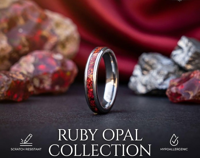 Tungsten 4mm Minimalist Engagement Ring, Ruby Red opal Wedding Band, Womens Ring, Thin Silver Tungsten Ring, Womens Wedding Band | Decazi