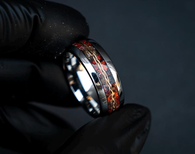 8mm Domed Silver Tungsten Ring with Ruby Red Opal, Dinosaur Fossil, & 18K Gold Wire Inlay, Unique Wedding Band, Sizes 5-13