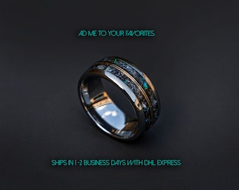 10mm Domed mens meteorite ring, Glow in the dark ring, glow ring, Gold tungsten ring, tungsten ring men, mens wedding band, mens ring