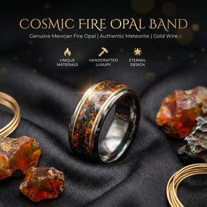 10 mm Dinosaurierknochenring mit mexikanischem Feueropal und Meteoritenspänen, Herrenring, Herren-Ehering, Meteoritenring, Ehering | Decazi