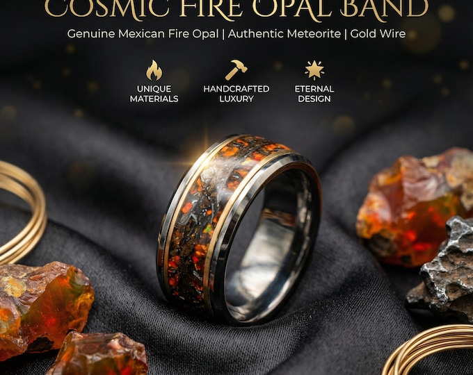 10mm Dinosaur bone ring with Mexican fire opal and meteorite shavings, Man ring, mens wedding band, meteorite ring, wedding ring | Decazi