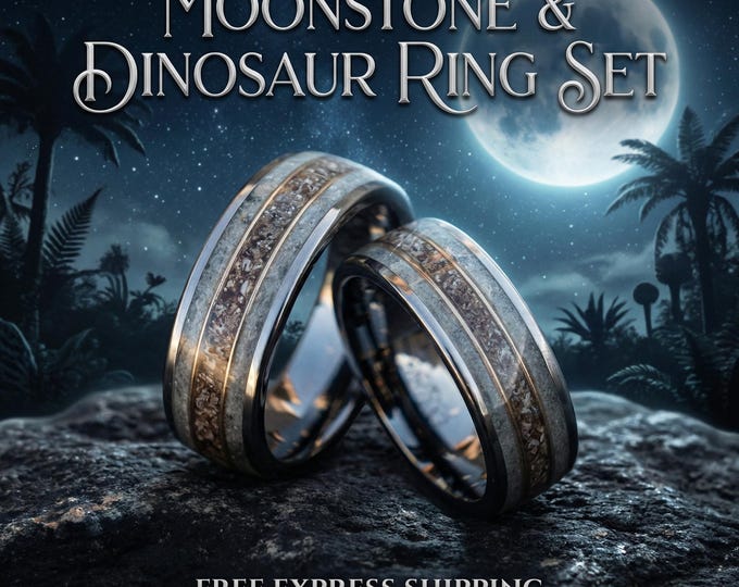 rainbow Moonstone Tungsten Wedding Ring Set with Trex Dinosaur Bone. | Decazi
