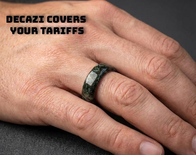 moss agate silver tungsten ring, moss agate engagement ring, moss agate jewelry, moss agate wedding ring set, green moss agate ring, Decazi