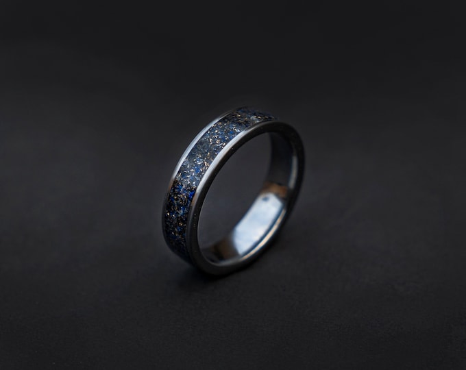 6mm Lapis lazuli ring with gold shavings, lapis mens ring, handmade wedding band, silver lapis ring, deep blue lapis, raw stone ring, Decazi