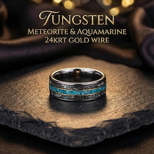 Anillo de tungsteno con aguamarina de meteorito de Gibeón, anillo de tungsteno, anillo de bodas, joyería hecha a mano, anillo de meteorito de Gibeón | Decazi