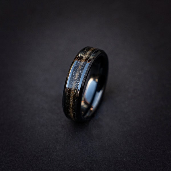 Météorite avec anneau noir d'oeil de tigre, anneau de météorite, bijoux en cristal de guérison, bande de mariage pour hommes Unique, bijoux faits à la main, Decazi