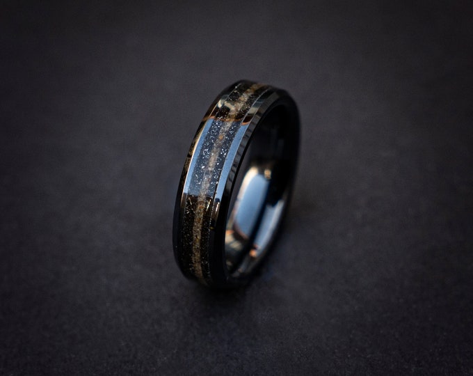 Meteorite with Tiger Eye Black Ring, Meteorite ring, Healing Crystal Jewelry, Mens Wedding Band Unique, Handmade Jewelry, Decazi