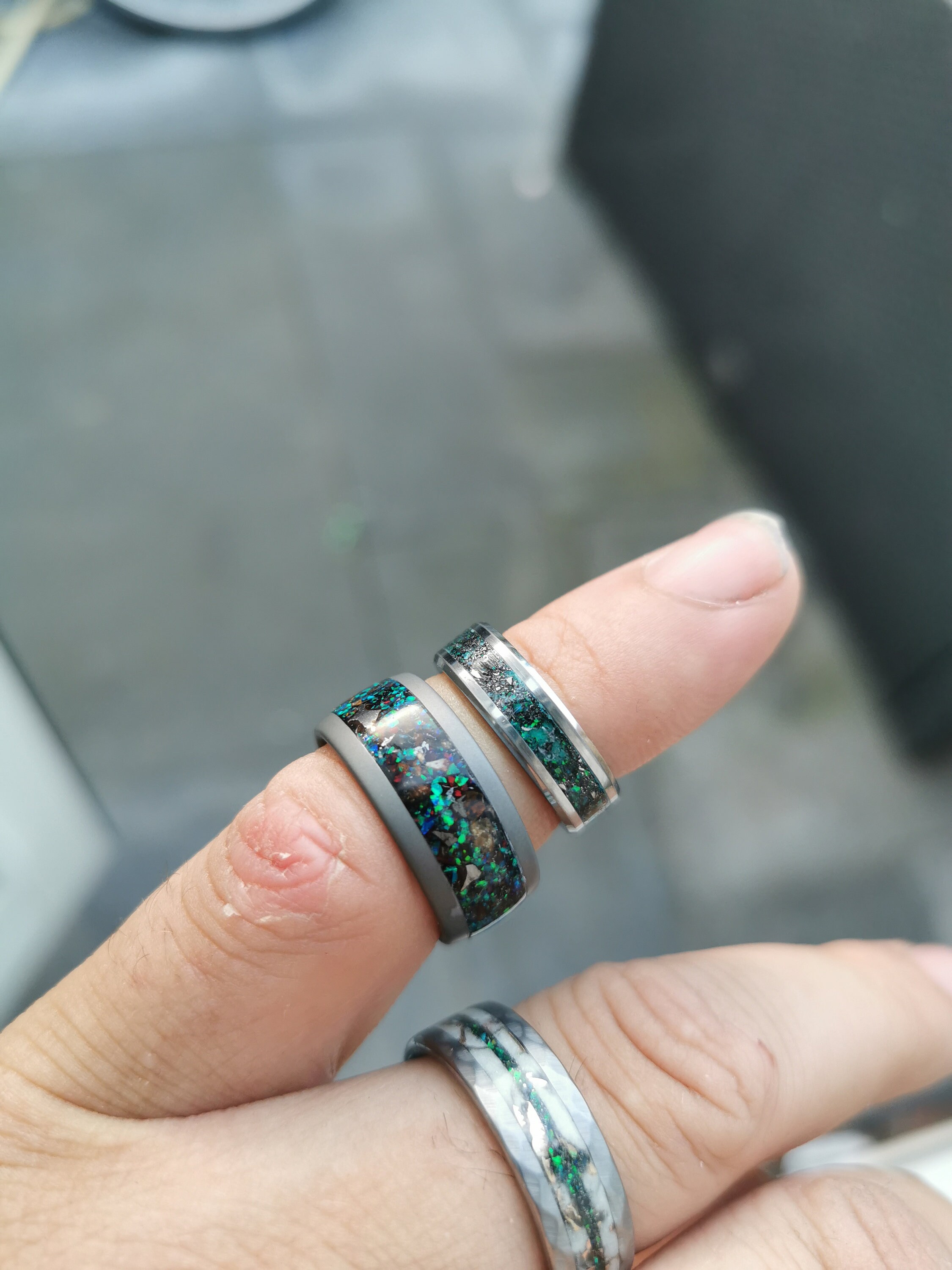 Sandblasted tungsten ring, Pallasite metoerite ring, opal ring, mens