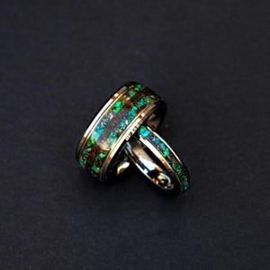 Megalodon Fossil & Meteorite Tungsten Ring Set | Azure Opal | 14K Gold Line | 10mm + 4mm Matching Bands | Comfort Fit