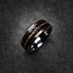 Muonionalusta Meteorite & Dinosaur Bone Tungsten Wedding Band 8mm – 18K Gold Wire – Silver Comfort Fit – Engravable