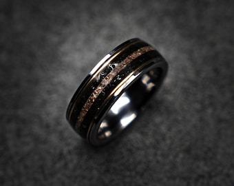 Muonionalusta Meteorite & Dinosaur Bone Tungsten Wedding Band 8mm – 18K Gold Wire – Silver Comfort Fit – Engravable