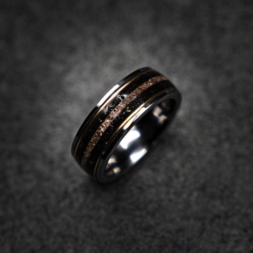 Muonionalusta Meteorite & Dinosaur Bone Tungsten Wedding Band 8mm – 18K Gold Wire – Silver Comfort Fit – Engravable