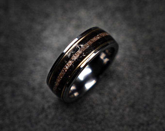 Muonionalusta Meteorite & Dinosaur Bone Tungsten Wedding Band 8mm – 18K Gold Wire – Silver Comfort Fit – Engravable