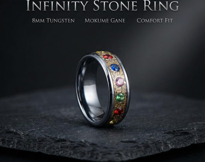 The Six Stones Mens Ring, Comic Book Inspired Cubic Zirconia Ring, Tungsten Engagement Ring, Superhero Jewelry, Anime Fan Art Gift