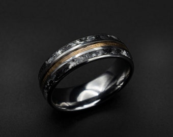 Anillo de meteorito de gabaón hecho a mano real con alambre de oro de 22krt, anillo de brillo en la oscuridad, anillo de incrustación de triple tungsteno, anillo de bodas para hombres, regalo para él.