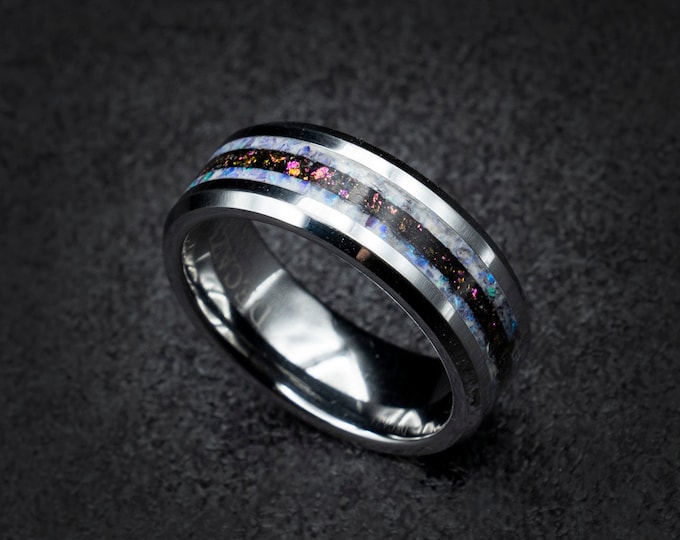tungsten ring men, opal engagement ring, purple opal ring, ring men, mens opal ring, tungsten ring, birthstone jewelry, male engagement ring