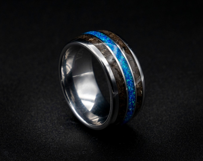 Dinosaur fossil ring, T-rex, tyrannosaurus, dinosaur jewelry, wedding band, Mens ring, Blue opal ring, opal engagement ring, unique, custom.