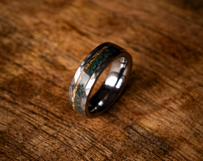 Faceted Silver Tungsten Ring with Moss Agate & Gold Foil Inlay | Nature-Inspired Wedding Band  Women | Modern Jewelry Design | Decazi |