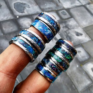 Sale!! mens opal ring. Galaxy opal. Tungsten ring for men. meteorite opal ring. Hammered. wedding band men. ring with opal inlay