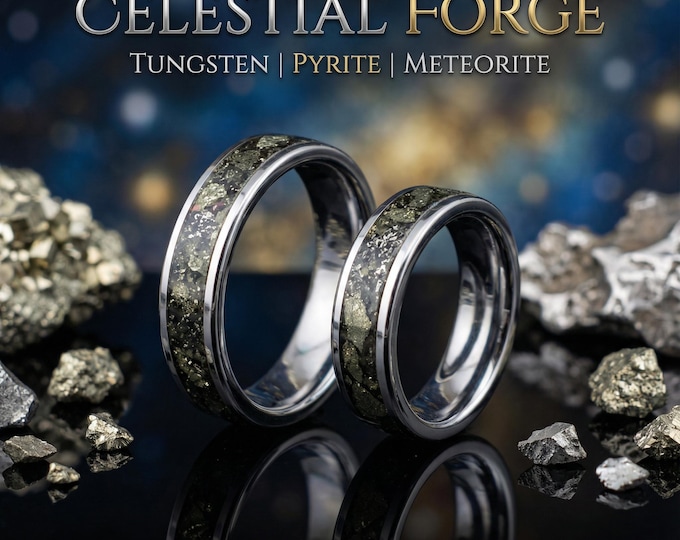 6mm Tungsten Ring Set with Pyrite & Meteorite Inlay • Men's and Women's Matching Wedding Bands • Cosmic Mineral Jewelry | Decazi