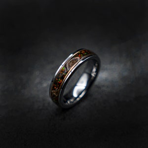 6mm velociraptor Dinosaur bone tungsten ring with Mexican fire opal and meteorite shavings, womens ring, mens wedding band, meteorite.