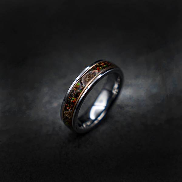 6mm velociraptor Bague en tungstène en os de dinosaure avec copeaux mexicains d’opale de feu et de météorite, bague pour femmes, alliance pour hommes, météorite.