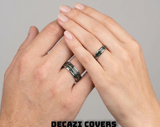 Couples ringset with Moss agate, engagement ring, moss agate jewelry, moss agate wedding ring set, green moss agate ring, rings moss agate