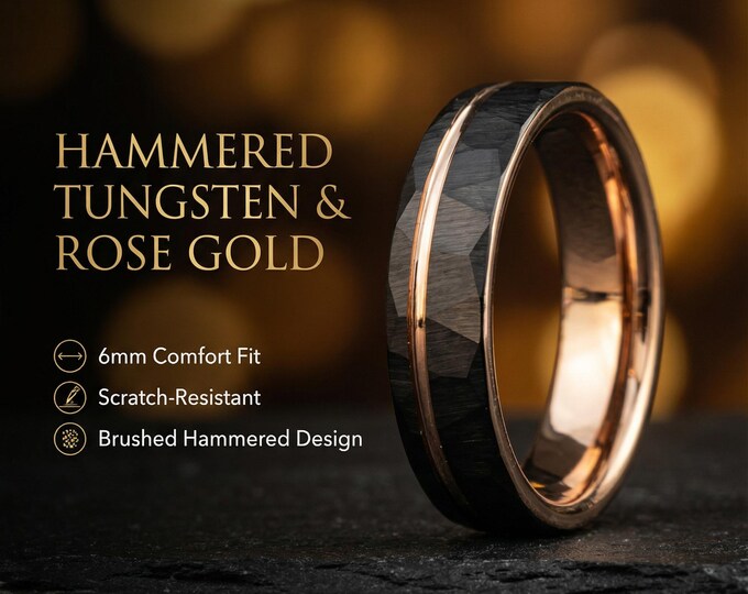 Men's Rose Gold and Black Tungsten Wedding Band – Faceted Ring – Unique Modern Men's Ring – Durable Comfort Fit Ring, 6 mm Ring | Decazi