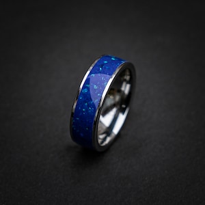 Handmade Mood changing ring, Thermochromic ring, rblue fire opal, Tungsten carbide, orange opal, Tungsten mood ring, valentines day gift.