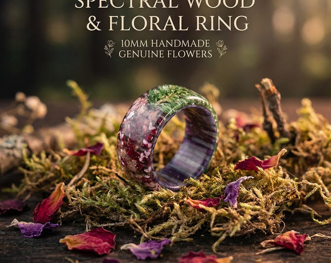 Handcrafted Spectraply Wood & Floral Acrylic Christmas Ring – Festive Nature-Inspired Holiday Jewelry, Statement Band